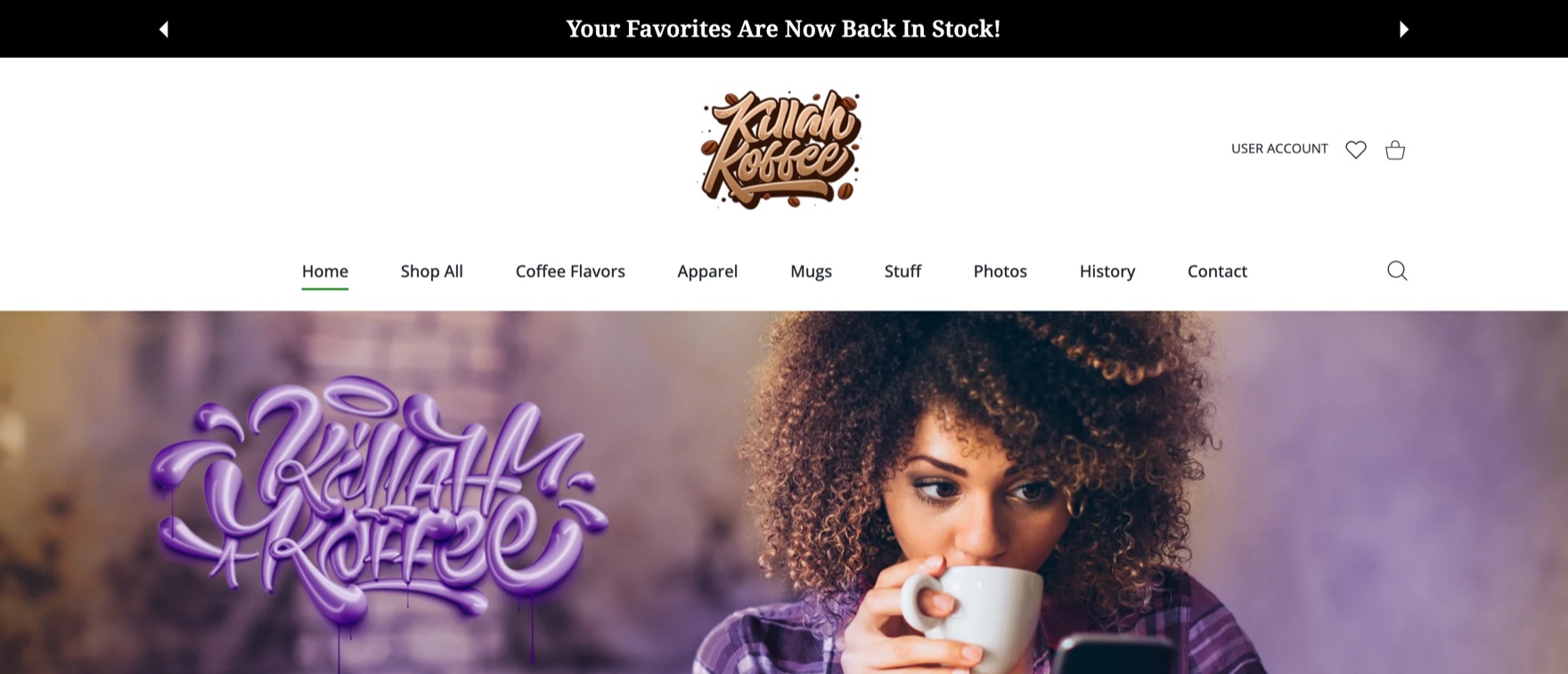 Killah Koffee homepage — Shopify storefront for Ghostface Killah's coffee brand, hand-lettered logo over a graffiti hero.
