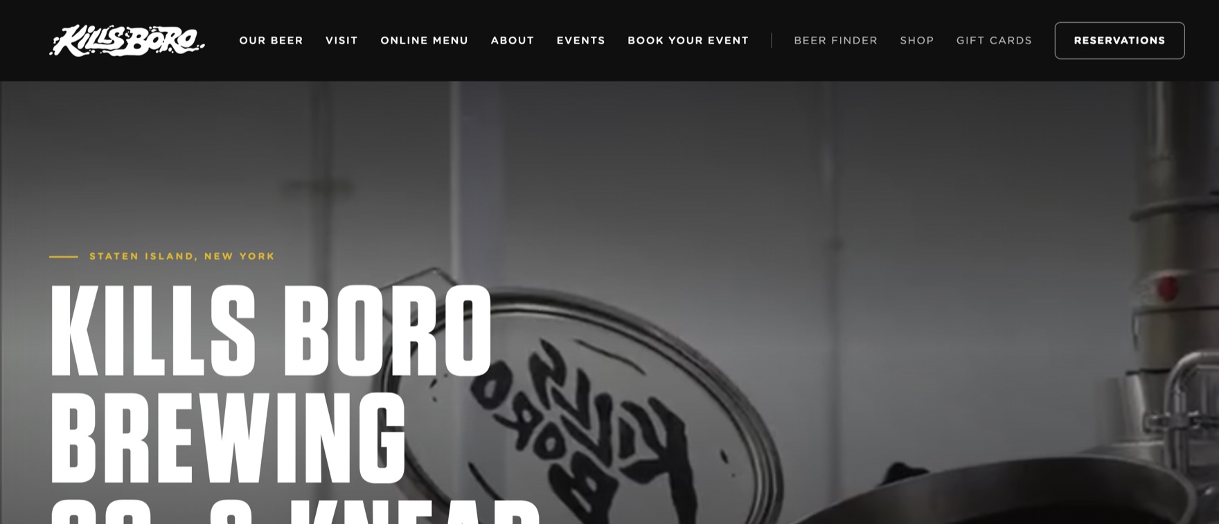 Kills Boro Brewing Co. homepage — full-bleed brewhouse photography behind heavy condensed display type.