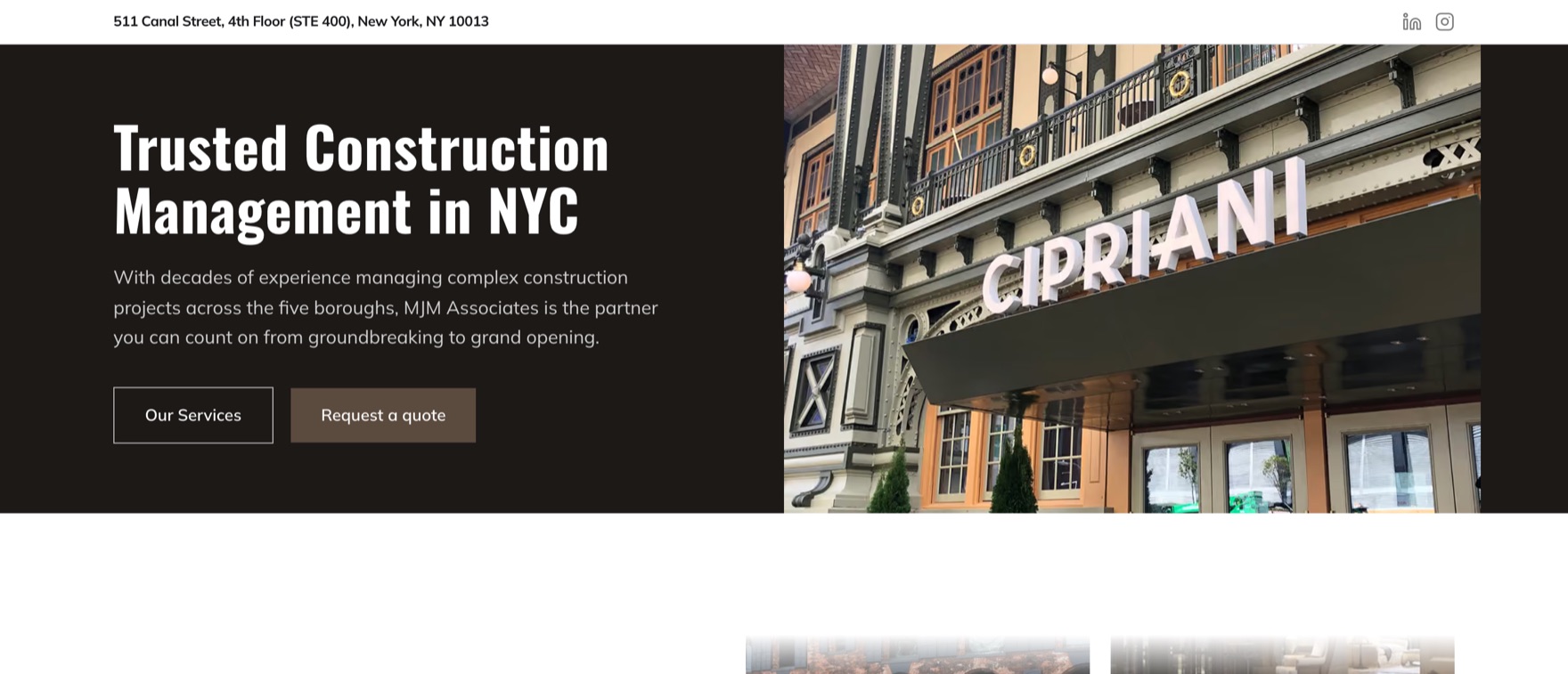 MJM Associates homepage — New York construction management site with a split hero over a Cipriani building photograph.