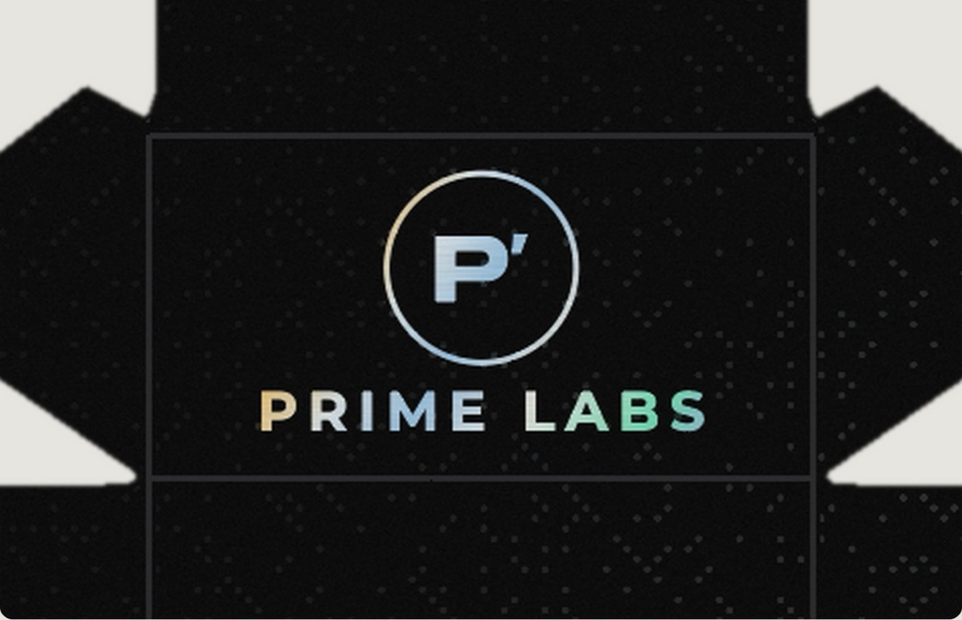 Prime Labs hash box base front — the circular P monogram and PRIME LABS in holographic foil on matte black.