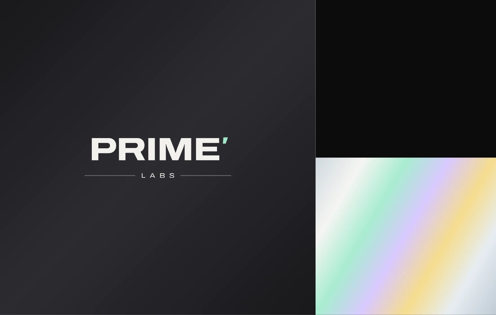 Prime Labs mark and palette for the packaging — matte black and holographic foil.