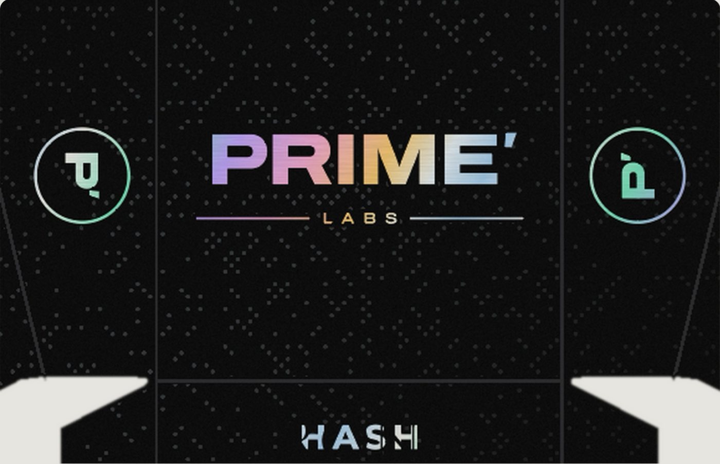 Prime Labs hash box lid — the PRIME' LABS wordmark in holographic foil over matte black with a spot UV dot pattern, round P monograms on each side flap.