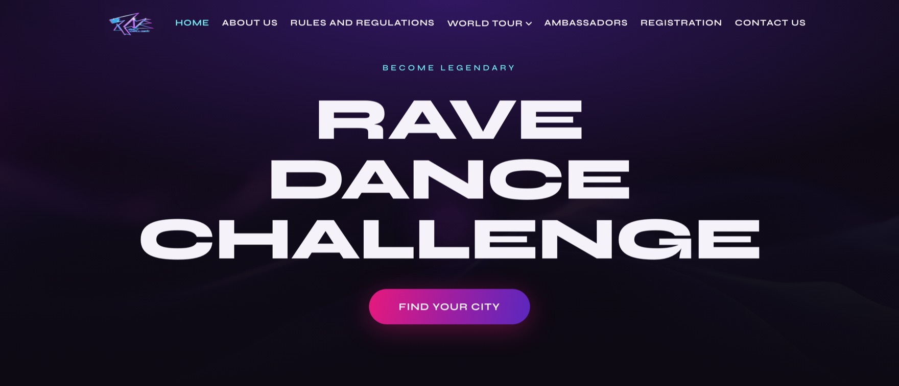 RAVE Dance Challenge homepage — dark gradient hero with oversized display type for a national dance competition tour.